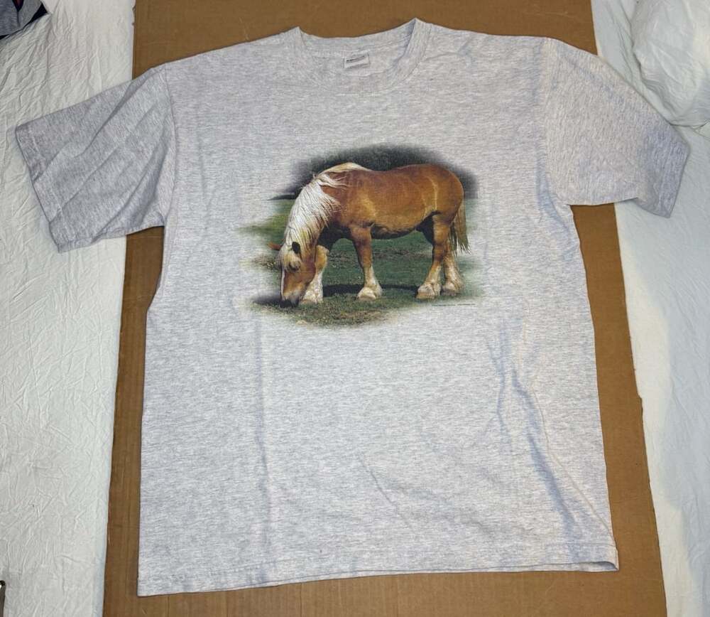Vintage Draft Horse Graphic T-Shirt Grey Cotton Size M Anvil